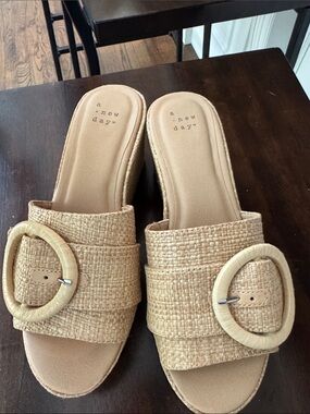 a new day Natural Woven Slide Mules with Round Buckle